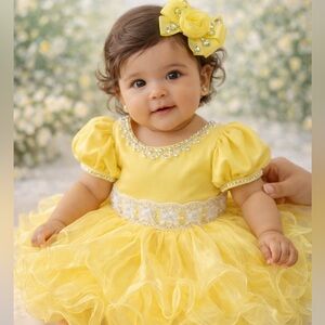 Yellow Baby Girl Ruffle Tulle Dress with Jewel Trim